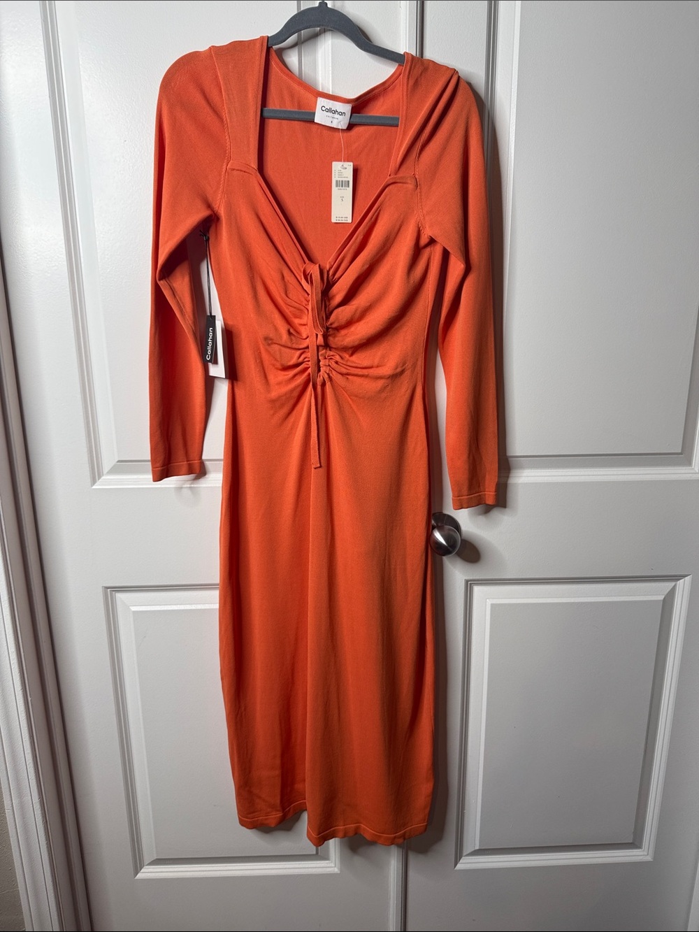 Callahan V-Neck Ruched Tie Long Sleeve Midi Dress in Orange Size Small NWT